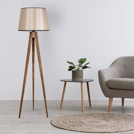 Opviq Lámpara de Pie de Madera con Pantalla de Tela Marrón